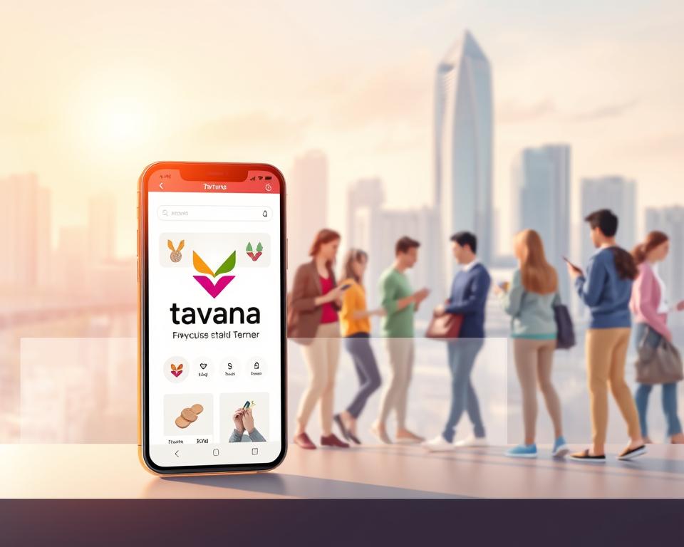 A digital illustration of a modern B2C business model showcasing the Tavana Franchise brand. In the foreground, a stylized representation of a smartphone displays a sleek e-commerce interface with product images and a prominent "Tavana" logo. In the middle ground, a group of diverse customers interact with the app, browsing and making purchases. The background features a cityscape with high-rise buildings, conveying a sense of a vibrant urban environment. The overall scene is illuminated by a warm, natural light, creating a welcoming and approachable atmosphere. The composition emphasizes the seamless integration of technology, customer experience, and the Tavana Franchise brand identity.