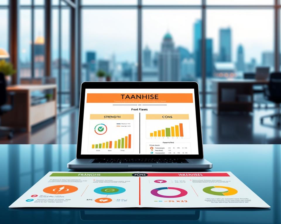 A digital illustration showcasing the strengths and weaknesses of franchise opportunities, featuring the Tavana Franchise brand. In the foreground, a vibrant and colorful infographic-style layout, with icons and charts highlighting the pros and cons. The middle ground features a sleek, modern office setting, with a laptop displaying franchise metrics. In the background, a blurred cityscape symbolizes the wider business landscape. The image has a polished, high-tech aesthetic, with balanced lighting and a crisp, technical lens. The overall mood conveys an analytical, yet aspirational perspective on franchise decision-making.