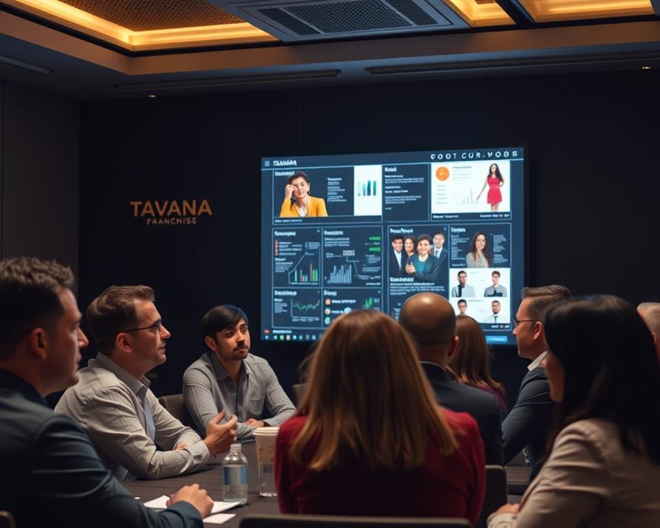A dimly lit conference room, with Tavana Franchise's logo prominently displayed on the wall. In the foreground, a diverse group of business professionals engaged in a lively discussion, their expressions and body language reflecting deep understanding and analysis of consumer data and market trends. The middle ground features a large screen displaying detailed charts, graphs, and customer personas, illuminating the insights that guide their strategic decision-making. The background blurs into a subtle, contemplative atmosphere, hinting at the thought-provoking nature of the conversation. A dimly lit conference room, with Tavana Franchise's logo prominently displayed on the wall. In the foreground, a diverse group of business professionals engaged in a lively discussion, their expressions and body language reflecting deep understanding and analysis of consumer data and market trends. The middle ground features a large screen displaying detailed charts, graphs, and customer personas, illuminating the insights that guide their strategic decision-making. The background blurs into a subtle, contemplative atmosphere, hinting at the thought-provoking nature of the conversation.