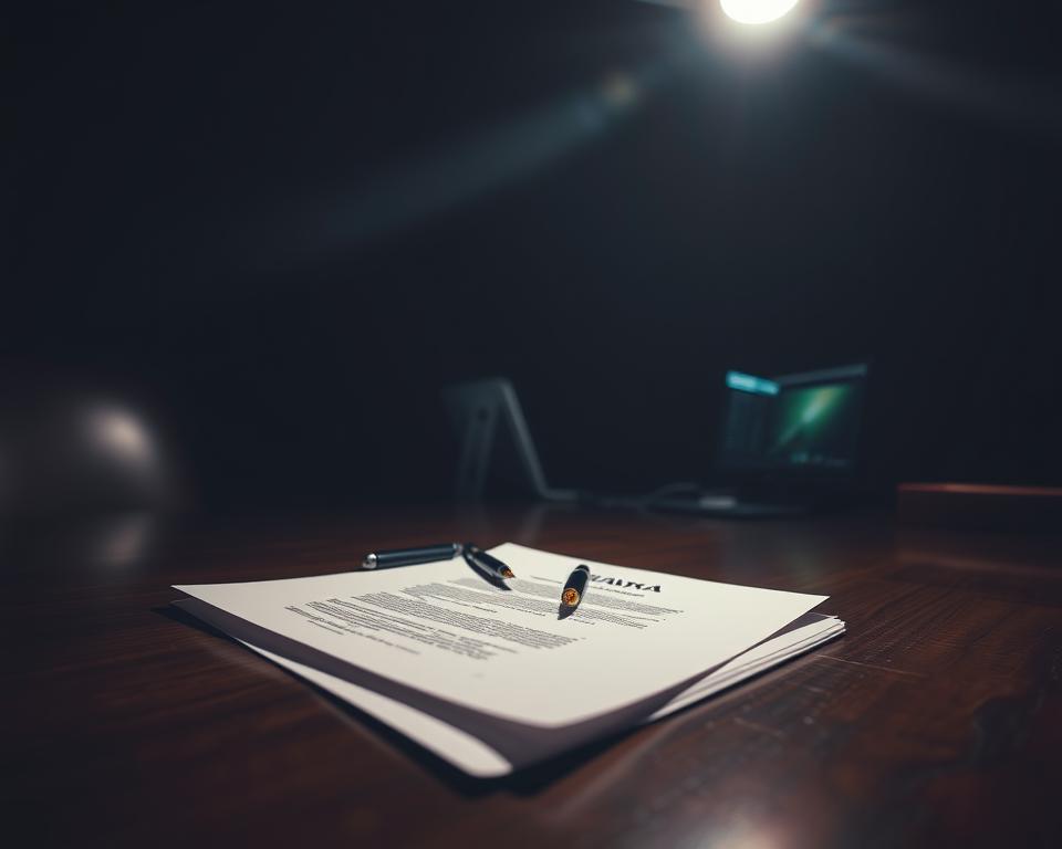 A dimly lit office space, the air heavy with the weight of legal documents. In the center, a Tavana Franchise contract lies open, its pages casting shadows on the mahogany desk. Overhead, a single spotlight illuminates the scene, creating a somber, bureaucratic atmosphere. In the foreground, a pen hovers above the document, hesitating, as if contemplating the gravity of the decision. The background is shrouded in darkness, save for the faint glow of a computer screen, hinting at the digital maze of compliance and regulations that franchisees must navigate.