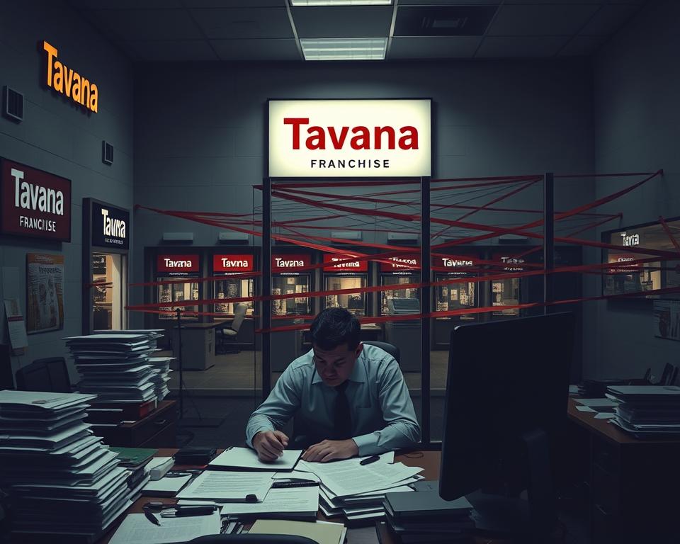 A dimly lit office space, the walls adorned with the "Tavana Franchise" logo. In the foreground, a frustrated business owner sits at a cluttered desk, surrounded by stacks of forms and rigid policies. The middle ground reveals a series of identical storefronts, their individuality suppressed by corporate conformity. In the background, a maze of red tape and bureaucratic obstacles symbolizes the limited autonomy and creativity constraints of franchise ownership. The scene is bathed in a somber, muted color palette, conveying the sense of stifled innovation and personal expression.