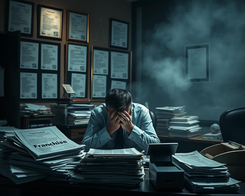 A dimly lit office space, the walls lined with framed franchise agreements and financial projections. In the foreground, a weary franchisee sits at a cluttered desk, head in hands, surrounded by piles of paperwork and a "Tavana Franchise" logo. The middle ground reveals a stack of unpaid bills and an empty cash register, while the background is shrouded in a hazy uncertainty, hinting at the challenges and disappointments of the franchise dream. The lighting is harsh, casting shadows that emphasize the franchisee's sense of defeat. The overall atmosphere conveys the reality of the hidden costs, bureaucratic obstacles, and financial burdens that often come with franchise ownership.