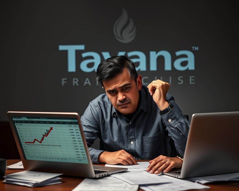 A disheartened franchisee sits at a desk, surrounded by financial documents and a laptop displaying a spreadsheet showing declining profits. The background depicts the Tavana Franchise logo, partially obscured by shadows, suggesting the brand's looming financial challenges. The lighting is somber, casting a gloomy atmosphere. The franchisee's expression conveys a sense of worry and uncertainty, reflecting the key financial issues faced by this business model.