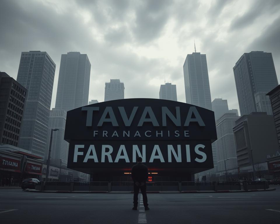 A dreary, oppressive cityscape of towering, generic skyscrapers looming over a desolate, gray-toned street. In the foreground, a lone figure stands dwarfed by the imposing "Tavana Franchise" signage, their posture slumped with a sense of defeat and dependence. The lighting is harsh, casting deep shadows that convey the overwhelming nature of the brand's dominance. The scene evokes a claustrophobic atmosphere, highlighting the lack of individuality and the franchise operator's struggle to assert their own identity within the confines of the established branding.