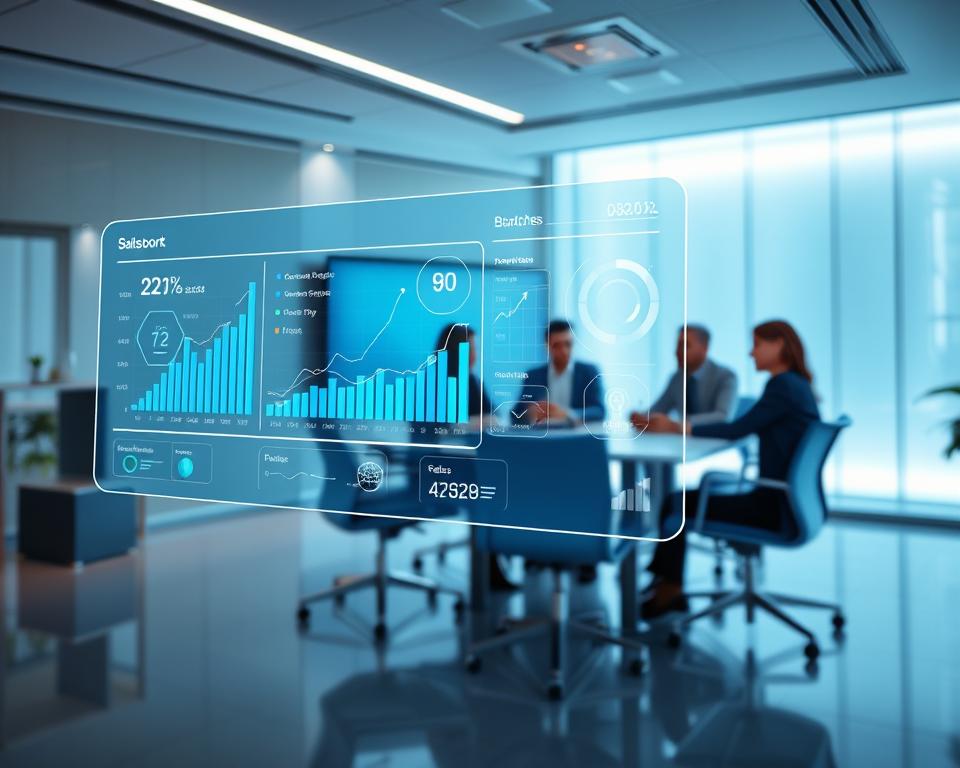 A dynamic and futuristic scene depicting AI's role in modern marketing and sales. In the foreground, a holographic sales dashboard hovers, showcasing real-time performance metrics and AI-powered insights. In the middle ground, a team of marketing and sales professionals collaborate around a Tavana Franchise branded conference table, their expressions focused as they leverage AI-driven strategies. The background is a sleek, minimalist office space bathed in cool, futuristic lighting, hinting at the transformative power of AI technology. The overall atmosphere conveys a sense of innovation, efficiency, and the seamless integration of human expertise and artificial intelligence.