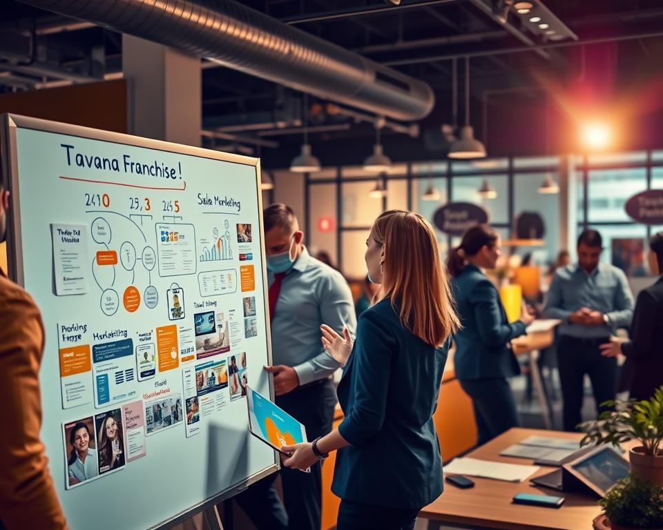 A dynamic, vibrant scene depicting the relationship between marketing and sales strategies. In the foreground, a team of Tavana Franchise professionals collaborating, brainstorming ideas on a digital whiteboard. Midground showcases various marketing collateral - brochures, social media posts, and digital ads - showcasing the Tavana brand. In the background, a bustling office environment with successful sales team members closing deals, all under warm, focused lighting and a lens flare effect. Convey a sense of synergy, progress, and the unified effort between marketing and sales to drive business growth.