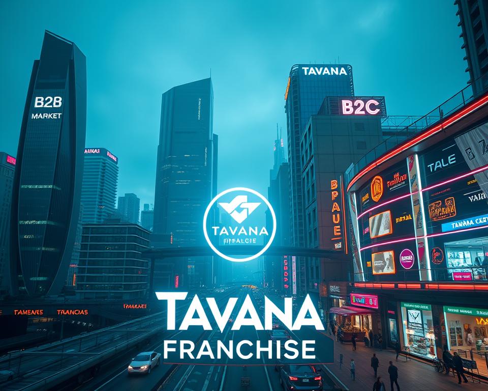 A futuristic cityscape with a striking contrast between the sleek, modern high-rises representing the B2B market and the vibrant, neon-lit retail district for the B2C market. In the foreground, a Tavana Franchise logo shines brightly, acting as a bridge between the two worlds. The scene is bathed in a cool, cinematic lighting, creating a sense of depth and scale. The camera angle is slightly elevated, giving an overview of the distinct business models coexisting in the urban landscape.