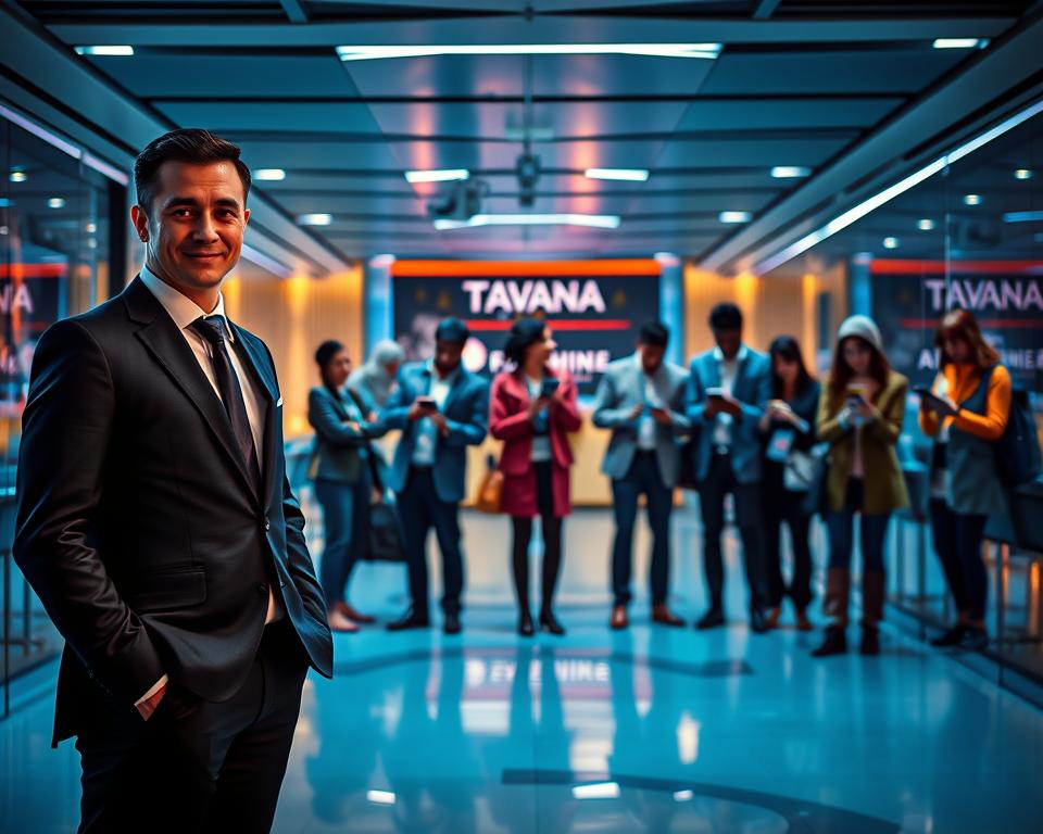 A high-contrast, cinematic image showcasing the distinct marketing strategies of B2B and B2C, set against a backdrop of the Tavana Franchise brand. In the foreground, a professional businessperson in a tailored suit stands confidently, representing the focus on corporate relationships in B2B marketing. In the middle ground, a diverse group of casual consumers interact with digital devices, embodying the customer-centric approach of B2C. The background is a sleek, modern office environment with clean lines and geometric patterns, bathed in a cool, blue-hued lighting that conveys the analytical nature of business-focused marketing. The overall composition and styling evoke a sense of professionalism, innovation, and the distinct differences between these two key marketing strategies.