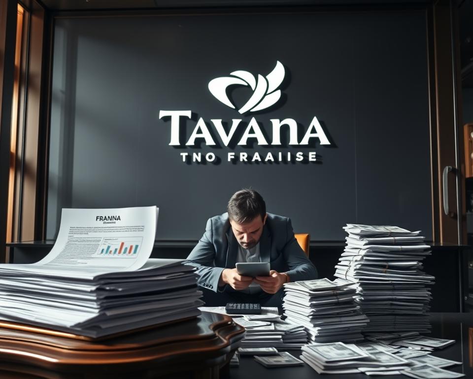 A high-end franchise showroom with a sleek, modern design. The foreground features a large, ornate desk with stacks of paperwork and an imposing franchise agreement document, symbolizing the bureaucratic complexity and financial burden of franchising. In the middle ground, a frustrated prospective franchisee sits hunched over, surrounded by piles of bills and a calculator, struggling to make the numbers work. The background showcases the Tavana Franchise logo, casting an imposing shadow over the scene, conveying the immense power and control of the franchise system. The lighting is harsh and dramatic, casting long shadows and creating a sense of unease and financial pressure. The overall tone is one of frustration, discouragement, and the high stakes involved in franchising.