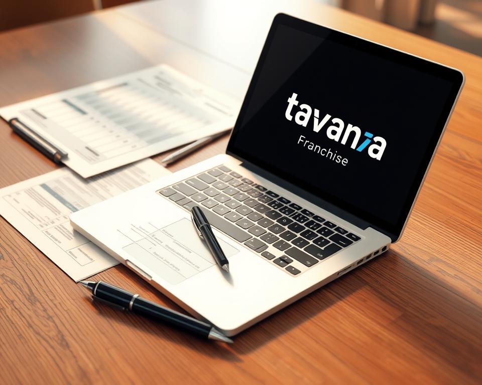 A high-quality 3D render of the "Franchise Financing Options" section for the article "Your Guide to Buying a Franchise Business for Sale". The scene features a wooden desktop with various financial documents, a laptop, and a pen. The "Tavana Franchise" logo is prominently displayed on the laptop screen. The lighting is warm and natural, with soft shadows and highlights emphasizing the details. The camera angle is slightly angled, providing a dynamic and visually interesting composition.