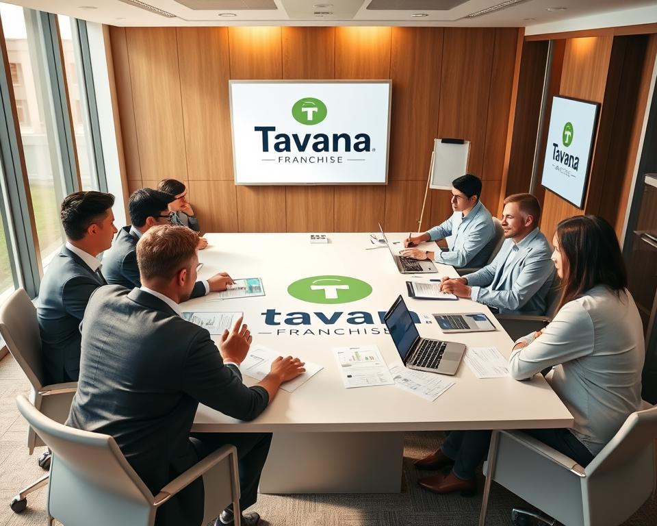 A high-quality, detailed business strategy meeting taking place in a modern, well-lit conference room. The Tavana Franchise logo is prominently displayed on the table and walls. Executives are seated around the table, engaged in a lively discussion, with various documents, laptops, and whiteboards visible. The lighting is warm and natural, creating a professional and collaborative atmosphere. The camera angle is slightly elevated, providing a comprehensive view of the scene. The overall mood is one of strategic planning and problem-solving, reflecting the "Successful B2B Strategies in Action" theme.