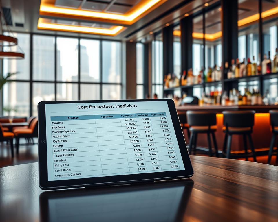 A high-quality, detailed financial breakdown of the costs associated with owning a Tavana Franchise bar. Showcasing a sleek, modern bar interior with sophisticated lighting, polished hardwood floors, and stylish furniture. In the foreground, a comprehensive cost breakdown presented on a tablet device, highlighting key expenses such as franchise fees, equipment, inventory, and operating costs. The middle ground features a well-stocked bar with a range of premium liquors and mixers, conveying the high-end nature of the Tavana Franchise brand. The background depicts an upscale urban setting, with tall windows offering a view of the city skyline, suggesting the prime locations of Tavana Franchise bars. The overall mood is one of professionalism, attention to detail, and the financial viability of investing in a Tavana Franchise.