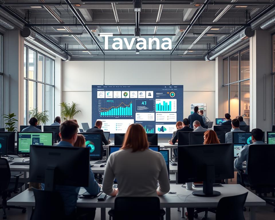 A high-quality, photorealistic image of the "Tavana Franchise" headquarters, showcasing the strategic use of AI in their sales and marketing operations. The scene depicts a bustling open-plan office, with employees actively engaged with AI-powered sales tools on their desktop computers. The foreground features a team huddle, with animated discussion and a large interactive dashboard projecting sales data and customer insights. The middle ground captures the modern, airy workspace, complete with ergonomic furniture, natural lighting, and sleek technological integrations. In the background, the Tavana Franchise logo prominently displays, conveying the company's embrace of AI-driven innovation to drive their marketing and sales success.