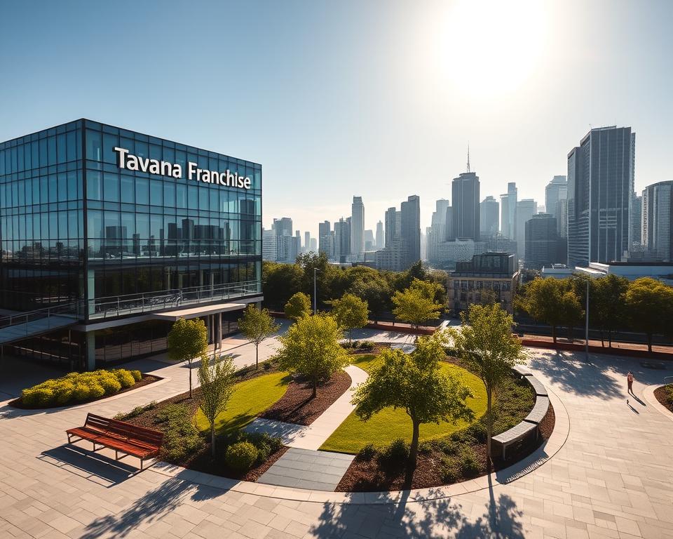 A high-quality, photorealistic image of the Tavana Franchise insurance company office. In the foreground, a modern glass and steel building with the Tavana logo prominently displayed. The middle ground features a landscaped courtyard with benches and trees. In the background, a cityscape of skyscrapers under a bright, sun-dappled sky. The lighting is crisp and natural, with long shadows cast by the building. The composition uses a wide-angle lens to capture the full scope of the scene. The overall mood is one of professionalism, stability, and success. A high-quality, photorealistic image of the Tavana Franchise insurance company office. In the foreground, a modern glass and steel building with the Tavana logo prominently displayed. The middle ground features a landscaped courtyard with benches and trees. In the background, a cityscape of skyscrapers under a bright, sun-dappled sky. The lighting is crisp and natural, with long shadows cast by the building. The composition uses a wide-angle lens to capture the full scope of the scene. The overall mood is one of professionalism, stability, and success.