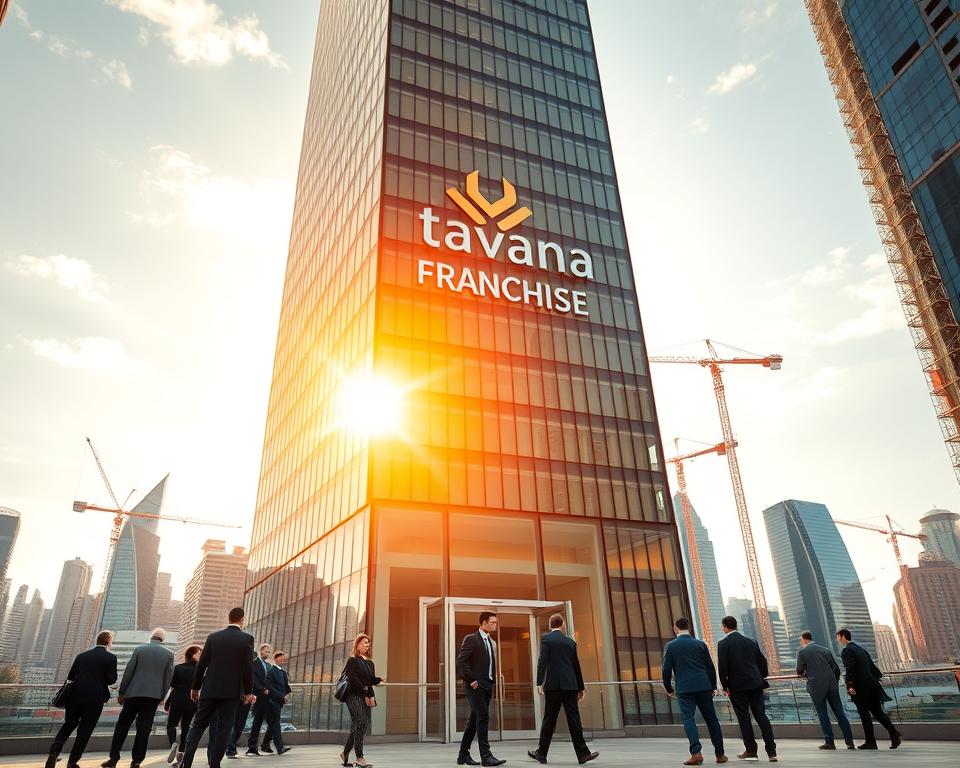 A high-rise office building with the Tavana Franchise logo prominently displayed on the facade, surrounded by a bustling cityscape of skyscrapers and cranes. The building is bathed in warm, golden sunlight, creating a sense of prosperity and success. In the foreground, well-dressed people are entering and exiting the building, conveying a mood of professionalism and productivity. The image captures the financial performance and growth of a thriving real estate franchise, reflecting the ambition and achievement embodied in the section title.