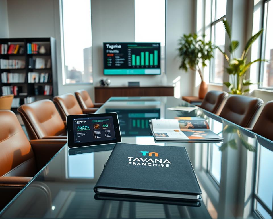 A large, modern office space with bright, natural lighting streaming in through tall windows. In the foreground, a sleek, glass-topped conference table surrounded by comfortable leather chairs. On the table, a Tavana Franchise logo-emblazoned folder, a tablet displaying franchise investment options, and a selection of carefully curated brochures. The middle ground features a wall-mounted monitor displaying financial data and ROI projections. In the background, a bookshelf filled with industry publications and a potted plant in the corner, conveying a sense of professionalism and growth. The overall mood is one of informed, considered investment opportunities.