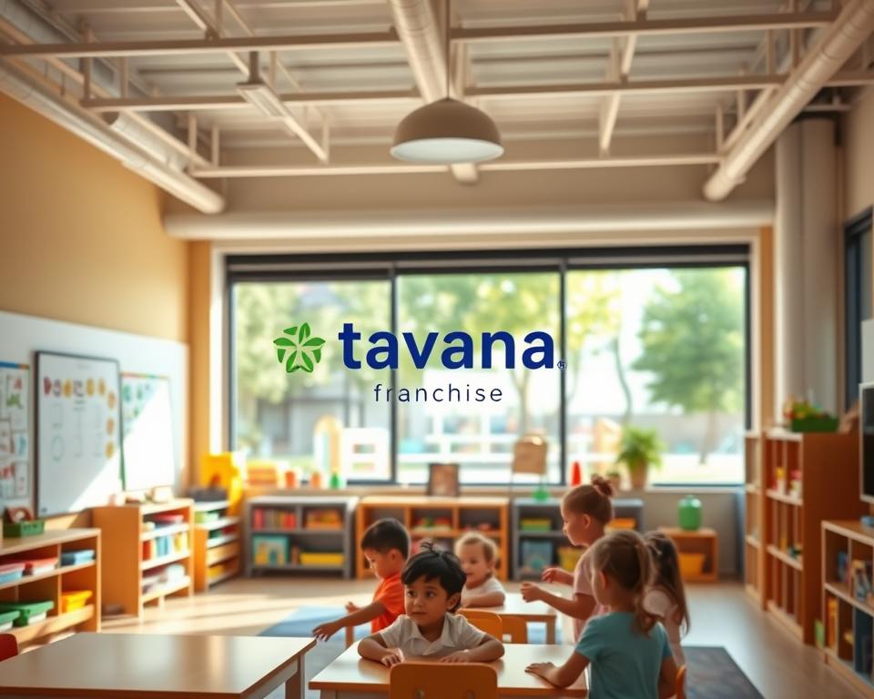 A modern, airy classroom filled with colorful educational materials and learning stations. In the foreground, children happily engage in play-based activities, surrounded by whiteboards, shelves of books, and educational posters. The middle ground showcases the Tavana Franchise logo, signifying a thriving early childhood education business. The background features large windows overlooking a lush, sunlit outdoor play area, reflecting the franchise's focus on holistic learning. Warm, soft lighting and a serene, inviting atmosphere convey the nurturing and enriching environment of this Tavana Franchise education opportunity.