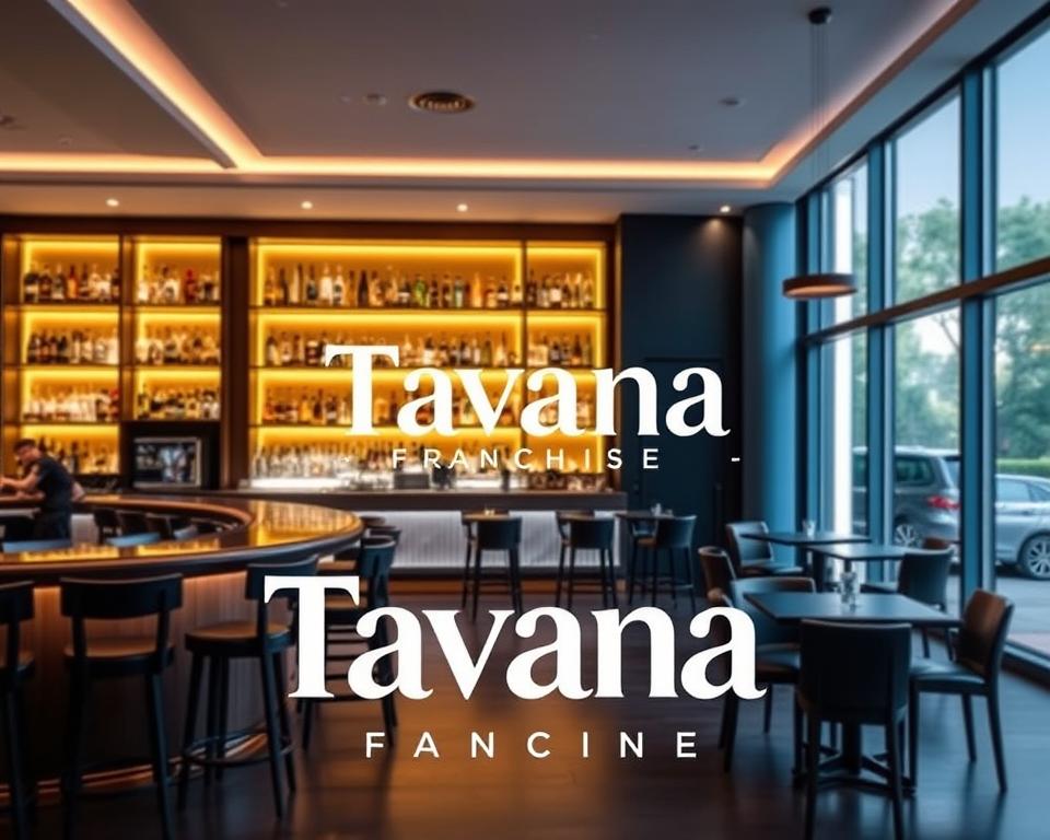A modern and elegant bar interior with the Tavana Franchise brand prominently displayed. In the foreground, a warm and inviting bar counter with stools, backlit shelves showcasing a variety of premium liquors. The middle ground features high-top tables and chairs, creating a convivial atmosphere. The background showcases large windows allowing natural light to flood the space, complemented by subtle ambient lighting that sets a sophisticated mood. The overall design exudes a sense of refinement and professionalism, reflecting the comprehensive support system offered by the Tavana Franchise.