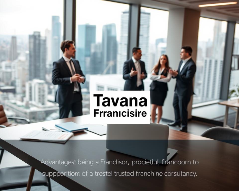A modern and professional-looking office interior, with large windows overlooking a bustling city skyline. In the foreground, a desk with a laptop, documents, and the "Tavana Franchise" logo prominently displayed. Behind it, a group of business people in suits are engaged in a collaborative discussion, gesturing animatedly. The lighting is soft and warm, creating a sense of productivity and success. The overall atmosphere conveys the advantages of being a franchisor, such as scalability, brand recognition, and the support of a trusted franchise consultancy.