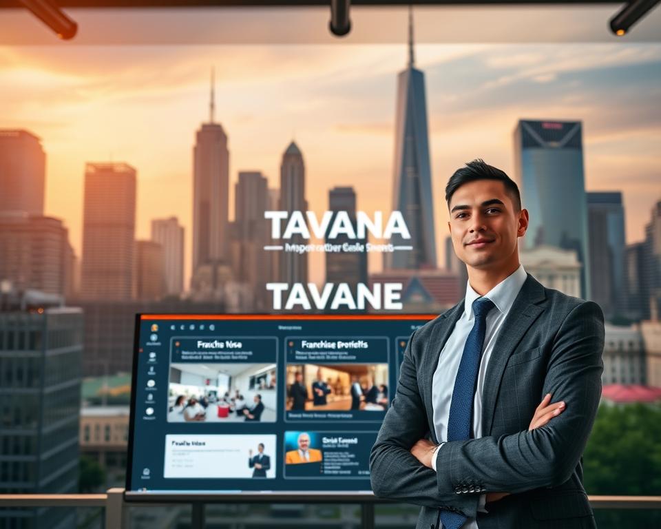A modern and sleek franchise business model with the Tavana Franchise brand. In the foreground, a clean-cut business executive stands confidently, showcasing the company's polished branding and professional services. The middle ground features an interactive display of franchise opportunities, highlighting the brand's key offerings and benefits. In the background, a cityscape of towering skyscrapers conveys a sense of growth, expansion, and the promise of success. The scene is illuminated by warm, directional lighting, creating a sense of ambition and professionalism. The overall mood is one of a well-oiled, thriving franchise operation, ready to empower entrepreneurs to achieve their dreams.