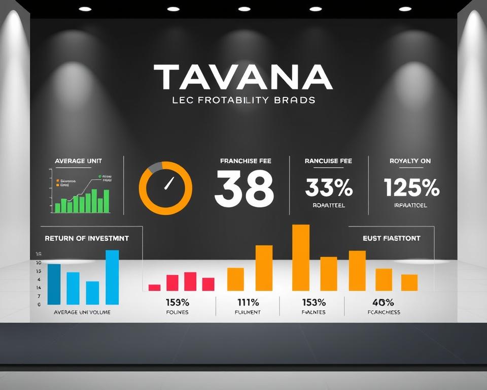A modern and sleek infographic showcasing the key profitability metrics for the Tavana Franchise brand. In the foreground, a series of vibrant, eye-catching charts and graphs illustrate essential data points such as average unit volume, franchise fee, royalty rate, and return on investment. The middle ground features neatly organized numerical values and percentages, highlighting the franchise's strong financial performance. The background depicts a minimalist, corporate-inspired setting with subtle shadows and highlights, creating a sense of depth and professionalism. The overall composition conveys a clear, data-driven message about the Tavana Franchise's financial advantages and growth potential.