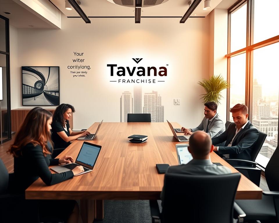 A modern and stylish real estate office interior, featuring the Tavana Franchise brand. The foreground showcases a team of professional agents collaborating at a large wooden conference table, with sleek laptops and tablets. The middle ground highlights the Tavana Franchise logo prominently displayed on the wall, surrounded by inspirational artwork and motivational quotes. The background depicts floor-to-ceiling windows overlooking a bustling city skyline, bathed in warm, natural lighting. The overall atmosphere conveys a sense of productivity, innovation, and the many benefits of being part of a well-established real estate franchise.