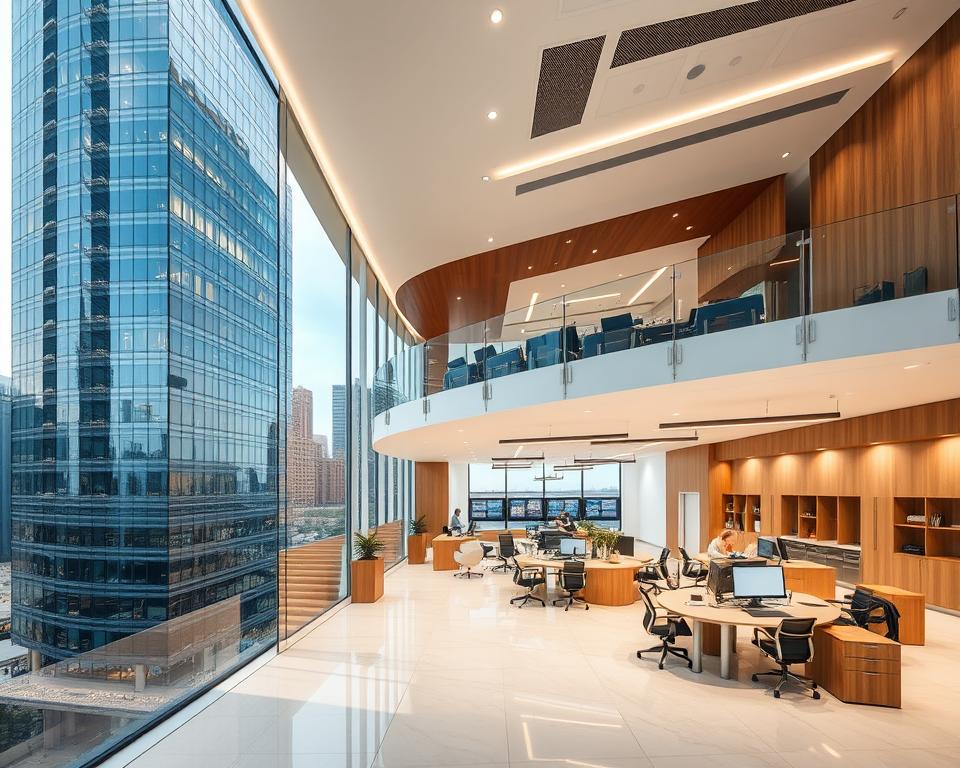 A modern branch office for the Tavana Franchise, showcasing the latest in turnkey branch development. The building stands tall, its sleek glass facade reflecting the bustling cityscape. Inside, the open-concept layout is filled with natural light, with ergonomic workstations and a welcoming customer service area. The branch manager's office overlooks the main floor, allowing for efficient oversight. Warm wood accents and contemporary furnishings create a professional yet inviting atmosphere. Carefully positioned lighting casts a soft glow, enhancing the sense of productivity and innovation. This turnkey branch embodies Tavana's commitment to streamlined expansion and customer-centric design.