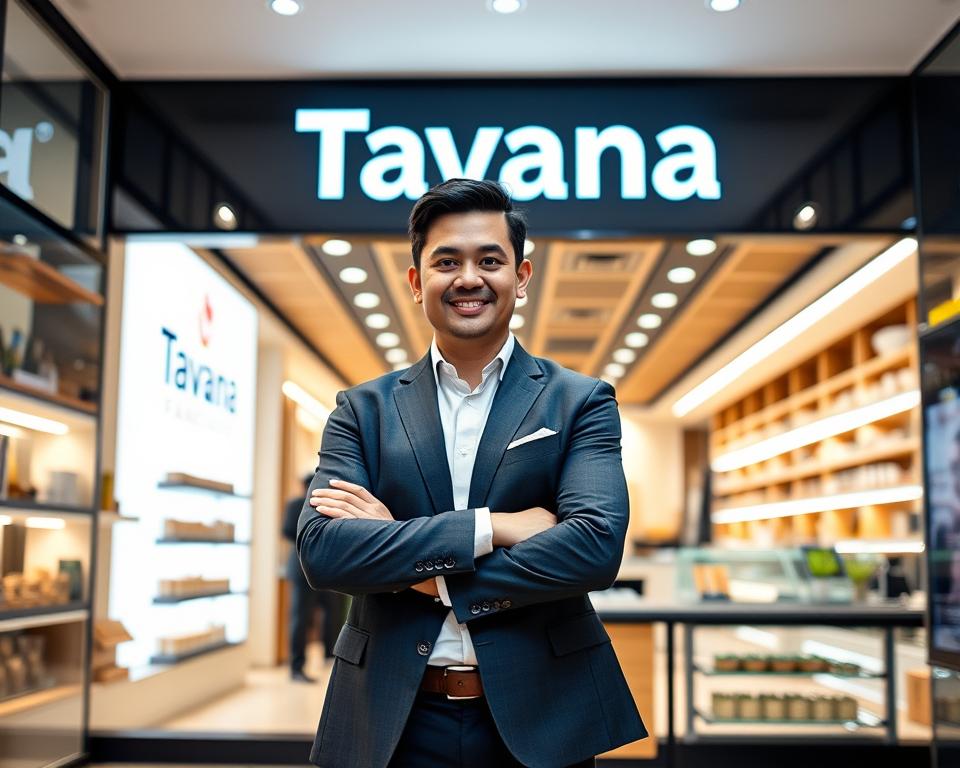A modern, bright retail space with the Tavana Franchise logo prominently displayed on the storefront. The interior features sleek shelving, warm lighting, and a well-organized layout that invites customers to browse. In the foreground, a confident, well-dressed entrepreneur stands, arms crossed, conveying a sense of ownership and pride in their successful franchise venture. The overall atmosphere exudes professionalism, growth, and the promise of a rewarding entrepreneurial journey.