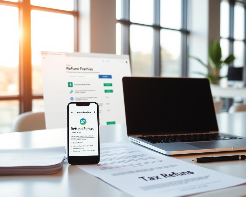 A modern, minimalist office desktop with a laptop, smartphone, and documents displaying the Tavana Franchise logo. Bright, warm lighting filters through large windows, creating a professional yet inviting atmosphere. The laptop screen displays the Franchise Tax Board website, with the user interface showcasing the "Refund Status" section. The smartphone screen reflects the user's relieved expression as they check the status of their tax refund. The overall scene conveys a sense of efficiency, organization, and a positive resolution to a common tax-related challenge.