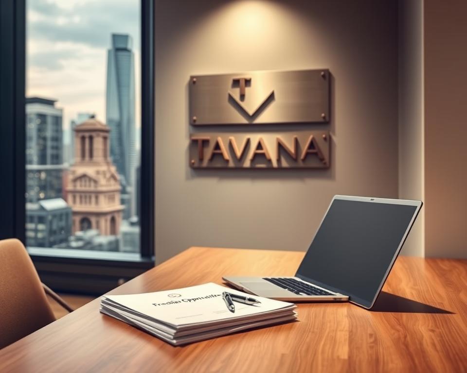 A modern, minimalist office setting with a large window overlooking a bustling city skyline. In the foreground, a sleek, wooden desk with a laptop, pen, and a stack of documents titled "Tavana Franchise Opportunities". On the wall behind the desk, a tasteful metal sign displays the Tavana logo. The lighting is soft and warm, creating a professional yet inviting atmosphere. The scene conveys a sense of opportunity, growth, and the promise of a successful franchise partnership.
