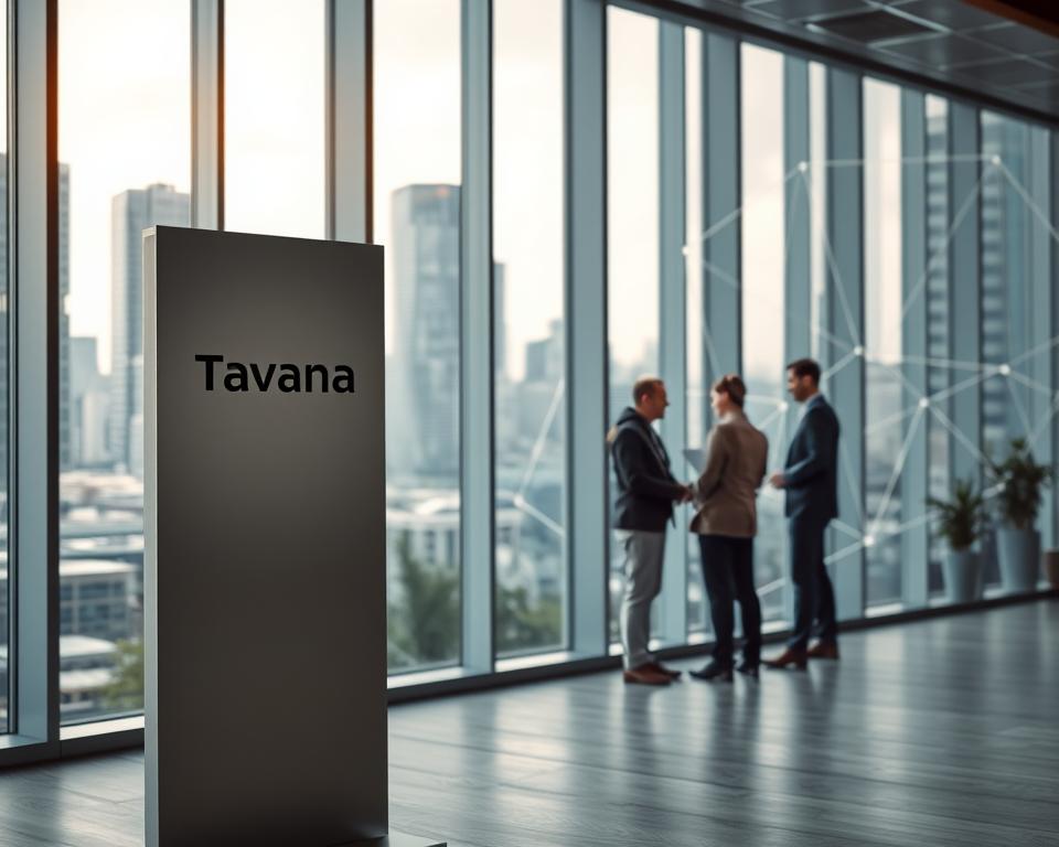 A modern, minimalist office space with large windows overlooking a bustling cityscape. In the foreground, a sleek, silver metal display stand showcases the "Tavana Franchise" brand, its clean lines and subtle branding evoking a sense of professionalism and innovation. In the middle ground, a team of business executives huddle around a touchscreen interface, discussing deployment strategies and logistics. The background is filled with a geometric pattern of intersecting lines and shapes, representing the intricate network of branch locations and supply chain solutions. Soft, directional lighting casts a warm, productive glow over the entire scene, creating a sense of focus and efficiency.