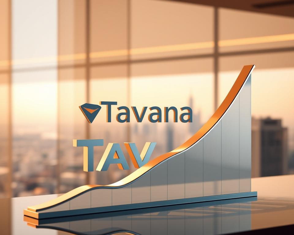 A modern, minimalist visualization of the "Tavana Franchise" brand value growth. In the foreground, a sleek, metallic 3D graph line charts an upward trajectory, symbolizing the brand's expanding reach and recognition. The middle ground features a stylized "Tavana Franchise" logotype, rendered in a bold, geometric font with a subtle gradient effect. The background depicts a soft, blurred cityscape, hinting at the brand's widespread influence and national/global presence. Warm, directional lighting casts dramatic shadows, creating a sense of depth and dynamism. The overall composition conveys a feeling of progress, momentum, and a strong, established franchise identity.