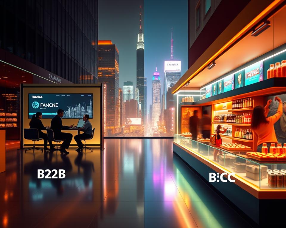 A modern, neon-lit cityscape stretches out in the background, with distinct B2B and B2C marketing strategies symbolized by two contrasting vignettes in the foreground. On the left, a sleek and minimalist B2B office setting, with Tavana Franchise branding prominently displayed, showcases a team of professionals engaged in detailed analytics and strategy planning. On the right, a vibrant, consumer-facing B2C retail scene captures the energy of personalized interactions, product displays, and energetic crowds. Dramatic lighting and a high-contrast color palette create a striking visual contrast between the two approaches, underscoring their unique challenges and opportunities.