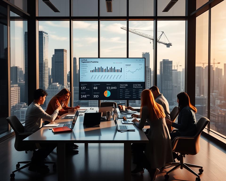 A modern office interior with a large glass wall overlooking a bustling city skyline. In the foreground, a team of Tavana Franchise employees collaborate around a sleek conference table, laptops and documents spread out. The middle ground features a digital dashboard displaying sales data, marketing metrics, and integration analytics. In the background, the silhouettes of skyscrapers and cranes set an urban, dynamic atmosphere. Soft, directional lighting casts clean shadows, highlighting the collaborative energy and data-driven nature of the Tavana Franchise's marketing and sales integration.