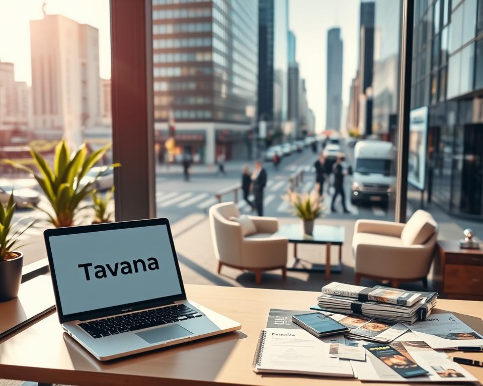 A modern office setting with a large window overlooking a bustling city street. In the foreground, a sleek, well-designed workstation displays a laptop showcasing the "Tavana Franchise" brand logo. On the desk, various franchise-related documents and brochures are neatly arranged. The middle ground features a stylishly furnished lounge area with comfortable chairs, a coffee table, and potted plants, creating a welcoming atmosphere. The background depicts the cityscape outside, with tall skyscrapers, traffic, and people going about their day, suggesting the vibrant and dynamic nature of the franchise business landscape. The lighting is a warm, natural blend of sunlight and ambient lighting, casting a professional and aspirational tone. The overall composition conveys a sense of research, exploration, and the potential of investing in a franchise business for sale.
