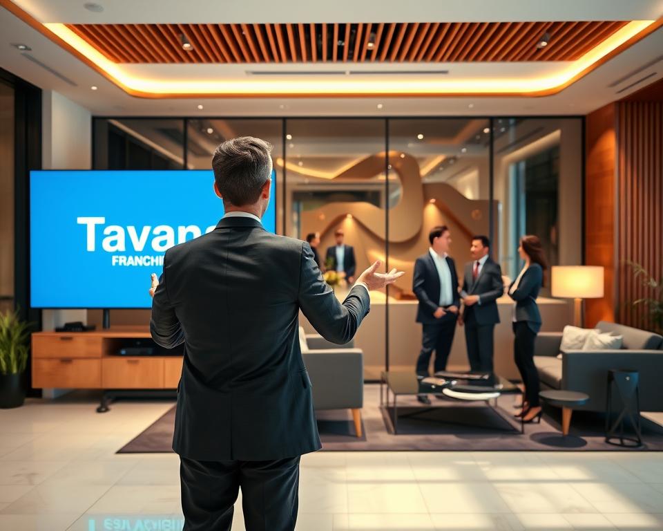 A modern, professional-looking office interior with warm lighting and natural wood accents. In the foreground, a business person in a suit gestures towards a large flatscreen display showing the "Tavana Franchise" brand logo. Behind them, a team of executives discusses franchise resale opportunities, surrounded by stylish furniture and decor. The atmosphere conveys a sense of opportunity, negotiation, and successful franchise transfer.