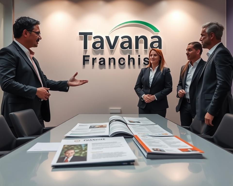 A modern, professional office setting with a large "Tavana Franchise" logo prominently displayed on the wall. The foreground shows a franchisor representative in a suit gesturing towards a franchisee, engaged in a collaborative discussion. The middle ground features informative brochures and documents on a sleek conference table, showcasing the franchisor's comprehensive support programs. The background is softly lit, with subtle hints of the company's branding colors, conveying a sense of trust, guidance, and a strong legal framework underlying the franchisor-franchisee relationship.