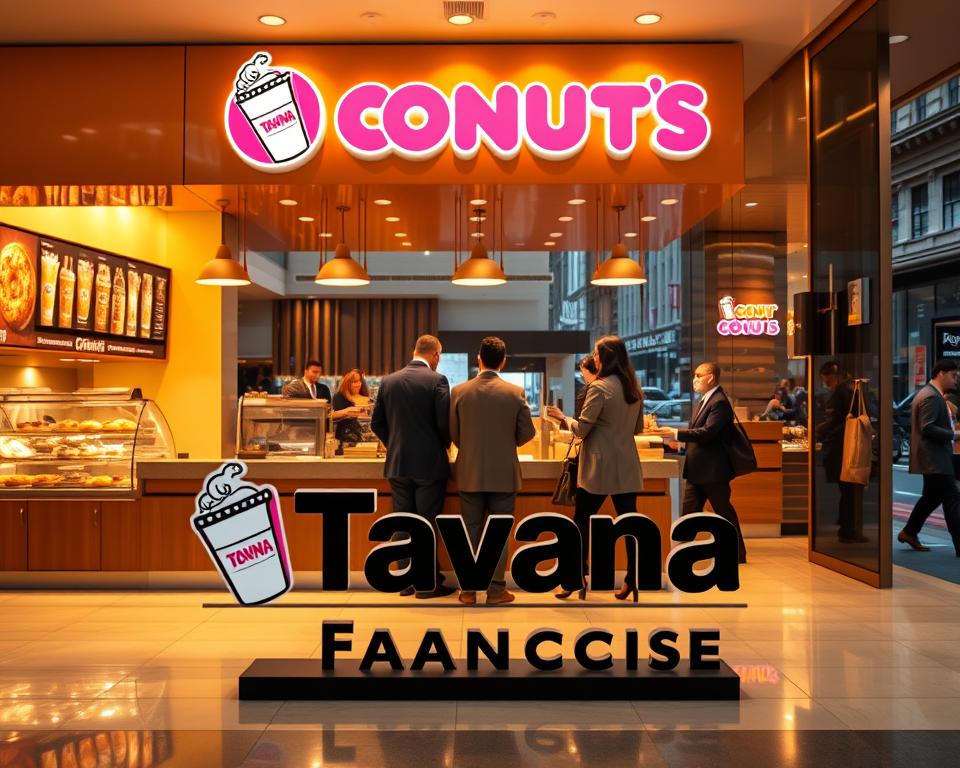 A modern, sleek Dunkin' Donuts franchise storefront, bathed in warm, golden lighting that reflects off the glossy, pristine surfaces. The counter and displays are filled with an enticing array of freshly baked donuts, muffins, and coffee drinks. In the foreground, a large, stylized "Tavana Franchise" logo stands prominently, conveying a sense of quality and professionalism. The middle ground features well-dressed customers eagerly placing orders, while the background showcases a bustling urban street scene, hinting at the franchise's high-traffic location and potential for strong foot traffic and sales. The overall atmosphere exudes a vibrant, prosperous, and inviting ambiance, suggesting the possibility of substantial profits for the Dunkin' Donuts franchise owner.