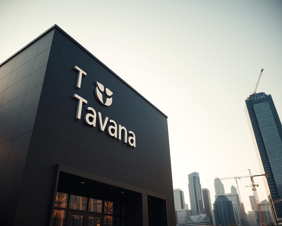 A modern, sleek office building with a minimalist facade, featuring the "Tavana Franchise" logo prominently displayed. The structure is set against a backdrop of a bustling city skyline, with skyscrapers and cranes visible in the distance. The lighting is warm and inviting, creating a professional and welcoming atmosphere. The camera angle captures the building from a low perspective, emphasizing its scale and grandeur. The overall composition conveys the idea of a thriving, well-established franchise opportunity with a strong brand identity.