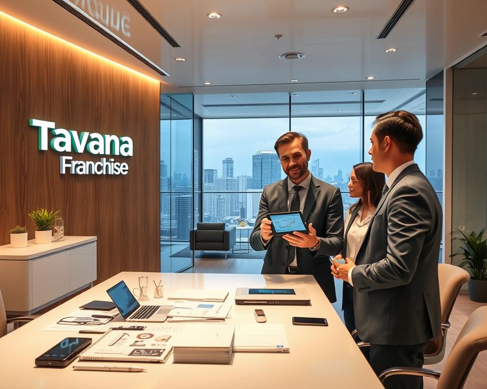 A modern, sleek office interior with a prominent "Tavana Franchise" logo displayed on the wall. In the foreground, a professional-looking broker is meeting with a client, gesturing towards a tablet displaying financial data. The middle ground features a range of digital tools and resources, conveying the "turnkey" nature of the broker's services. The background showcases a panoramic view of a bustling city skyline, suggesting the broker's global reach and expertise. The lighting is warm and inviting, creating a sense of professionalism and trust. The overall atmosphere evokes efficiency, sophistication, and a seamless investment journey. A modern, sleek office interior with a prominent "Tavana Franchise" logo displayed on the wall. In the foreground, a professional-looking broker is meeting with a client, gesturing towards a tablet displaying financial data. The middle ground features a range of digital tools and resources, conveying the "turnkey" nature of the broker's services. The background showcases a panoramic view of a bustling city skyline, suggesting the broker's global reach and expertise. The lighting is warm and inviting, creating a sense of professionalism and trust. The overall atmosphere evokes efficiency, sophistication, and a seamless investment journey.