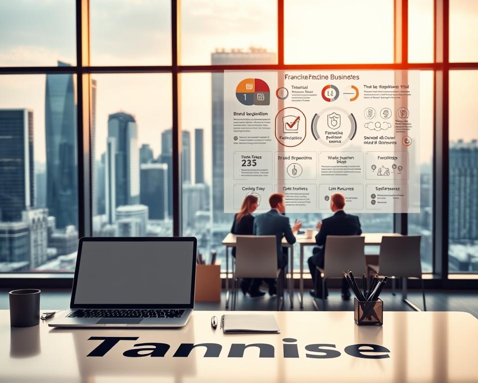 A modern, sleek office space with a large window overlooking a bustling city skyline. In the foreground, a desk features the "Tavana Franchise" branding, showcasing a laptop, documents, and a pen holder. The middle ground depicts several people in business attire collaborating at a conference table, discussing franchise opportunities. The background features various infographics and charts illustrating the key components of the franchise business model, such as brand recognition, standardized operations, and shared resources. The lighting is warm and inviting, creating a professional and aspirational atmosphere.