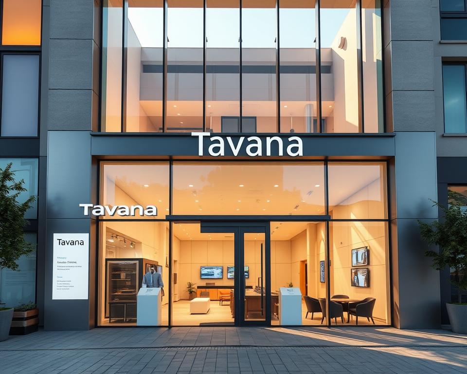 A modern, state-of-the-art Tavana Franchise branch development, showcasing a sleek and contemporary architectural design. The exterior features a mix of glass, steel, and clean lines, bathed in warm, natural lighting. Tall windows allow natural sunlight to flood the interior, creating a bright and airy ambiance. The entryway is flanked by minimalist signage and subtle Tavana branding. Inside, the layout is open and inviting, with a mix of comfortable seating areas and dedicated transaction zones. Sophisticated furnishings, digital displays, and efficient workflow contribute to an elevated, streamlined customer experience. The overall atmosphere conveys a sense of professionalism, innovation, and a commitment to seamless, turnkey branch development.
