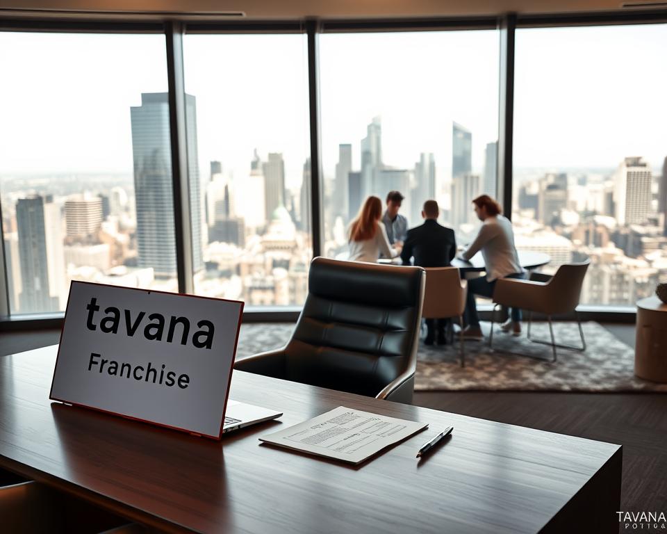 A modern, stylish office interior with large windows overlooking a bustling city skyline. In the foreground, a sleek wooden desk with a laptop, documents, and a pen set neatly arranged. On the desk, a prominent sign displaying the "Tavana Franchise" brand name. Behind the desk, a stylish leather chair and a plush area rug. The middle ground features a team of professionals in business attire, engaged in a lively discussion around a conference table. The background depicts a cityscape with gleaming skyscrapers and a vibrant, energetic atmosphere. The lighting is warm and inviting, creating a sense of professionalism and productivity.