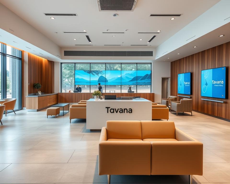 A modern, well-designed Tavana Franchise branch interior with a warm, inviting atmosphere. The foreground features a spacious, open-concept layout with sleek, minimalist furnishings in natural tones. A centralized counter with the Tavana logo serves as the focal point. The middle ground showcases floor-to-ceiling windows, allowing natural light to flood the space. In the background, a seamless blend of technology and traditional banking elements, such as digital displays and wood paneling, creates a sense of innovation and professionalism. The overall mood is one of efficiency, comfort, and a commitment to exceptional customer service.