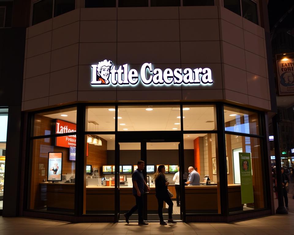 A modern, well-lit franchise storefront of a Tavana Franchise location, showcasing the iconic Little Caesars logo and branding. The building features a clean, contemporary design with large windows, a prominent entrance, and a well-maintained exterior. In the foreground, a few customers are entering the establishment, creating a sense of activity and success. The middle ground depicts the interior of the franchise, with employees behind the counter preparing orders and serving customers. The background shows a bustling urban setting, suggesting the franchise's prominent placement within the community. The overall atmosphere conveys a thriving, prosperous, and well-managed Tavana Franchise business.