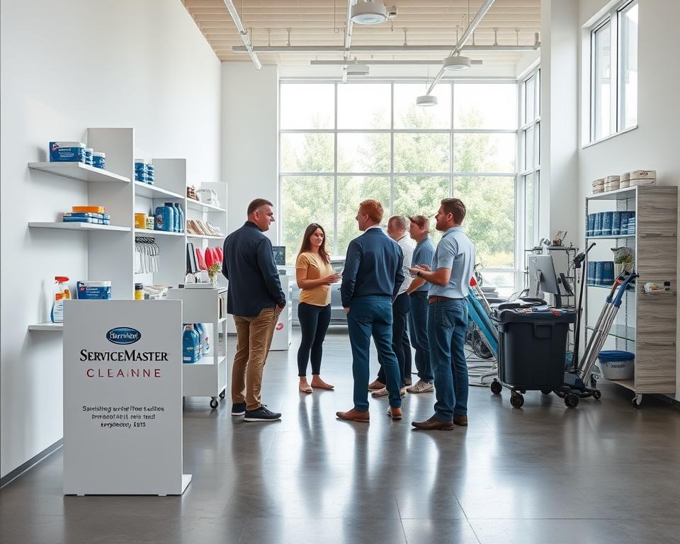 A modern, well-lit interior of a ServiceMaster Clean franchise business showroom. The space features a sleek, minimalist design with white walls, polished concrete floors, and large windows that let in abundant natural light. In the foreground, a display showcases the Tavana Franchise brand, featuring its distinctive logo and color palette. Shelves along the walls display various cleaning supplies and equipment, neatly organized and presented. In the middle ground, a couple of potential franchise owners are engaged in a discussion with a ServiceMaster representative, discussing the franchise's affordable and scalable business model. The overall atmosphere conveys a sense of professionalism, approachability, and the franchise's commitment to making its low-cost opportunity accessible to a wide range of entrepreneurs.