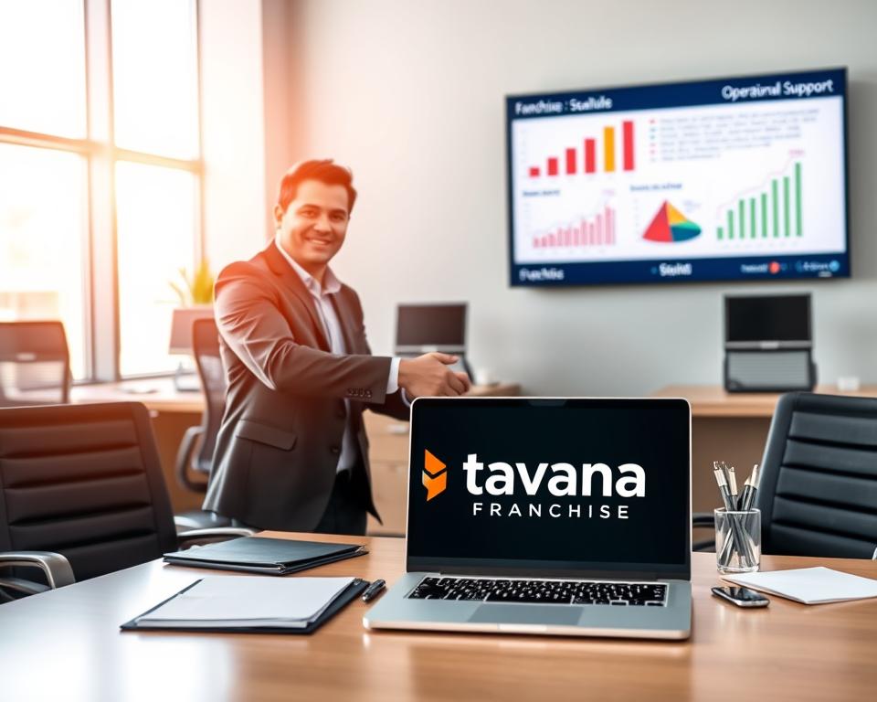 A modern, well-lit office interior with a large desk and ergonomic chairs. On the desk, a laptop displays the "Tavana Franchise" logo, surrounded by folders, documents, and a pen cup. In the middle ground, a smiling business person in a suit shakes hands with another person, suggesting a meeting or collaboration. In the background, a wall-mounted monitor shows charts and graphs, visualizing the advantages of franchise ownership - scalability, brand recognition, operational support. Natural light streams in through large windows, creating a sense of professionalism and success.