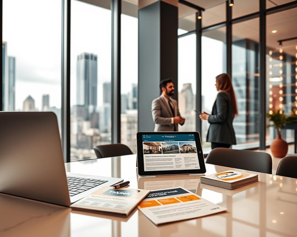 A modern, well-lit office setting showcasing the Tavana Franchise real estate opportunities. In the foreground, a desk with a laptop, brochures, and a tablet display highlighting franchise details. In the middle ground, professional-looking agents discussing franchise options. The background features large windows overlooking a bustling city skyline, conveying a sense of growth and expansion. Warm lighting, clean lines, and a polished, contemporary aesthetic create an inviting and aspirational atmosphere for potential franchisees.