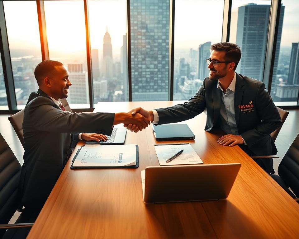 A modern, well-lit office setting with a large conference table at the center. On the table, documents and a laptop are neatly arranged, symbolizing the transfer of franchise ownership. In the foreground, a handshake between two well-dressed individuals, one wearing a "Tavana Franchise" logo, signifying the transition process. The background features floor-to-ceiling windows overlooking a bustling city skyline, conveying a sense of professionalism and progress. Soft, warm lighting illuminates the scene, creating an atmosphere of collaboration and trust.