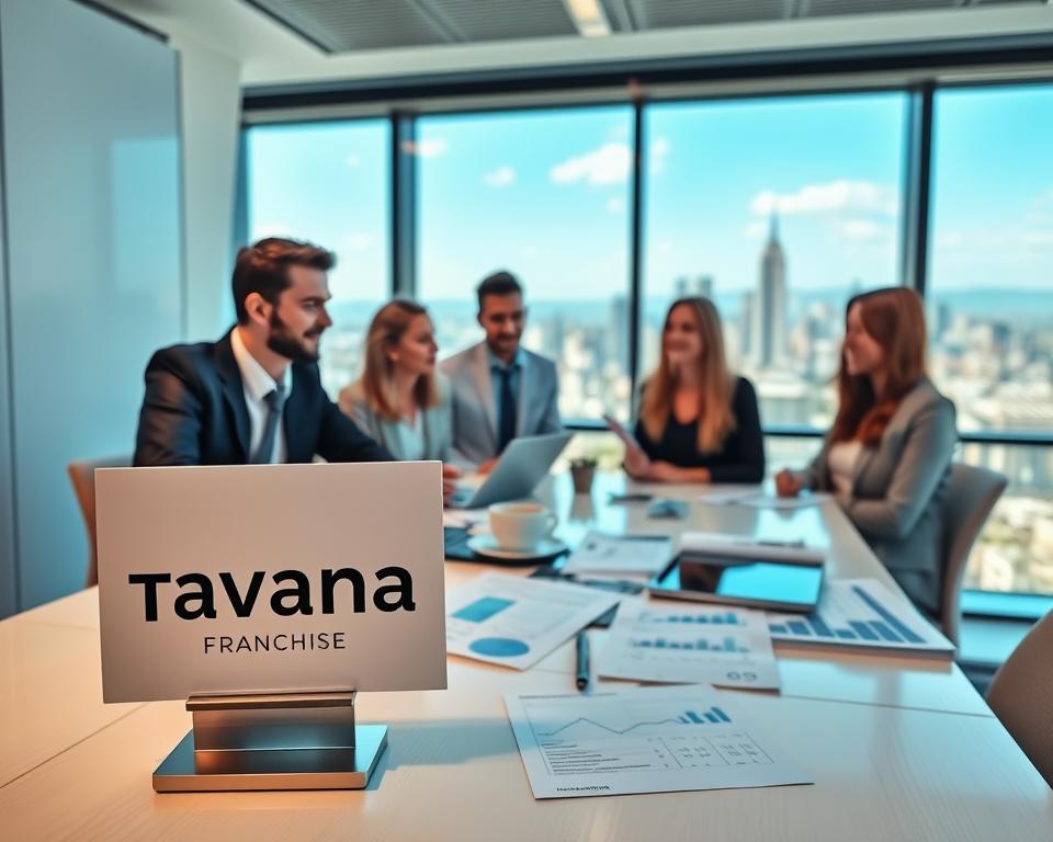A modern, well-lit office setting with a sleek, minimalist design. In the foreground, a Tavana Franchise logo stands prominently on a neatly organized desk, surrounded by various financial documents and a tablet displaying budget projections. The middle ground features a team of young, dynamic professionals discussing franchise investment opportunities, their expressions conveying a sense of excitement and optimism. The background showcases a panoramic view of a bustling city skyline, hinting at the potential for growth and expansion within an affordable franchise model. The overall atmosphere is one of professionalism, innovation, and a prudent approach to franchise investments.